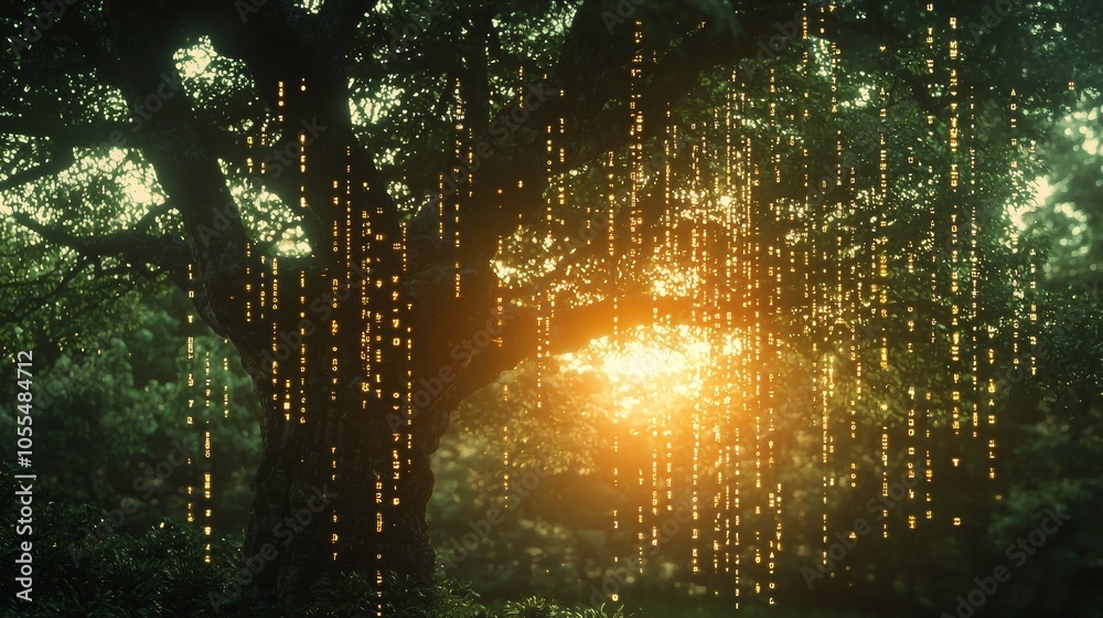 Digital code falling from a tree in a surreal sunset scene Digital code falling from a tree in a surreal sunset scene