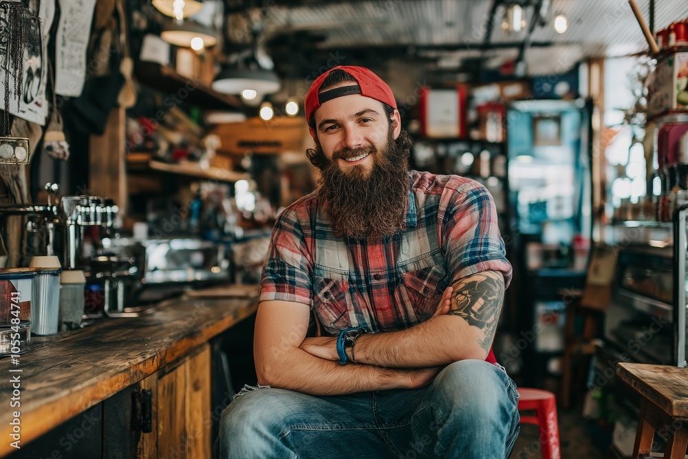 A bearded man wearing a cap and plaid shirt smiles in a rustic cafe environment. A bearded man wearing a cap and plaid shirt smiles in a rustic cafe environment.