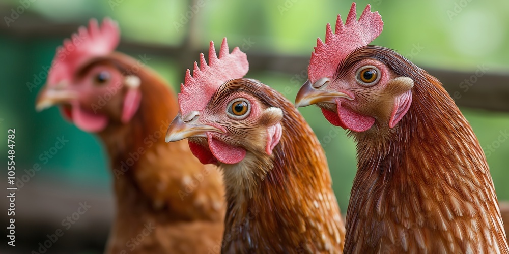 Naklejka premium Three chickens stand close together, curiously looking around within their coop.