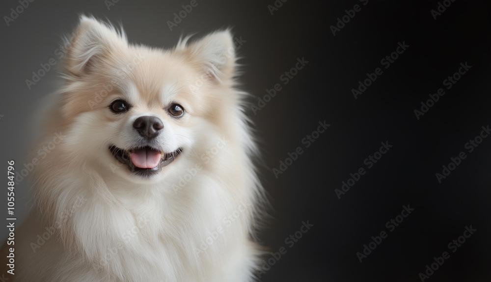 A fluffy dog smiles cheerfully, with its tongue out, against a dark background. A fluffy dog smiles cheerfully, with its tongue out, against a dark background.