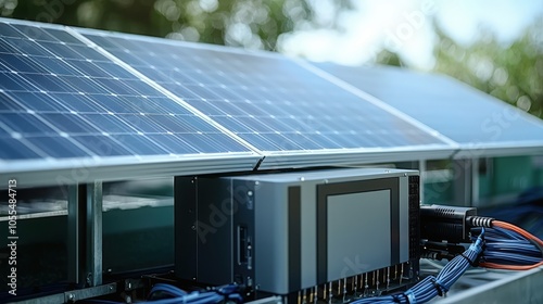 Solar panel system with inverter capturing sunlight on a clear day outdoors photo