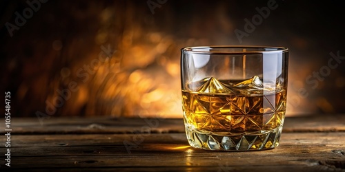 Close-up shot of a single whiskey glass filled with golden liquid, liquorware, liquor glasses, glass