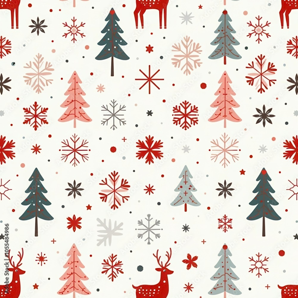festive seamless pattern featuring Christmas-themed elements, reindeer, Christmas trees, snowflakes, dots in red green grey pink colors on white background. gift wrap, festive applications concept.