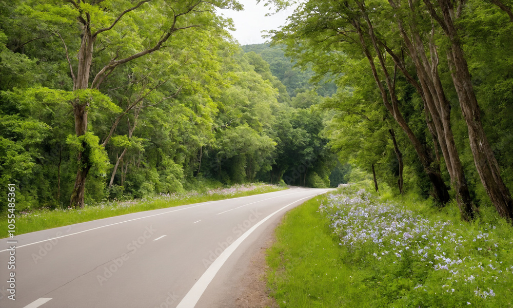 Fototapeta premium 시골길 도로 옆 나무와 꽃 예쁜 시골길