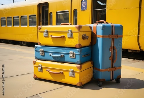 Three colorful suitcases on wheels against a bright yellow,white,purple background for train airporte treveling turkey treveling photo