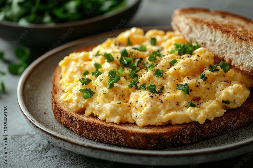 Scrambled Eggs on Toasted Bread with Green Onions and Black Pepper Scrambled Eggs on Toasted Bread with Green Onions and Black Pepper