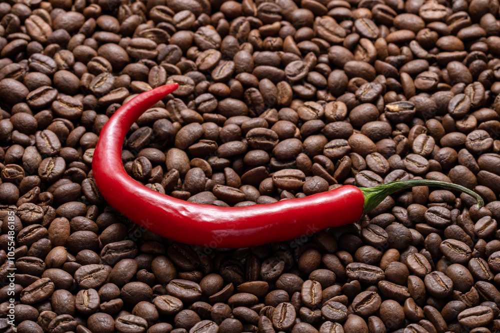 Fototapeta premium Hot green pepper and coffee beans detail shot
