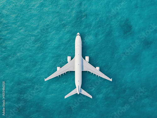 Airplane flying over turquoise water, aerial view from above.