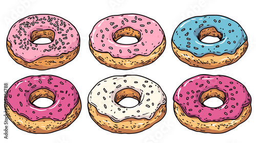 Sweet doughnuts. Cartoon donuts with different toppings, doughnut pastry dessert food set. Top view delicious sweet desserts donut with chocolate glaze and sprinkles. Donuts glazed dessert collection