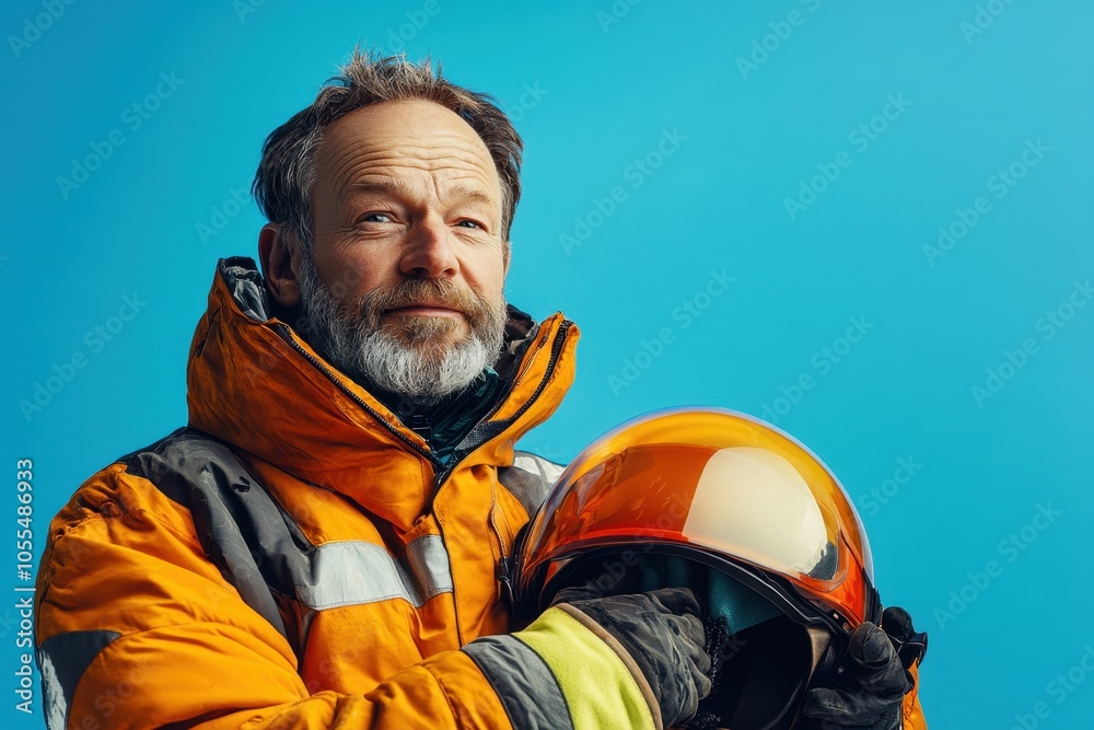 Obraz premium An experienced astronaut preparing for a mission in a bright orange suit against a blue backdrop