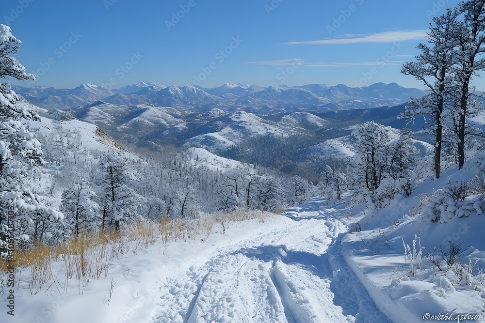 Fototapeta premium Snow covered hills under a blue sky, bright white snow, clear visibility