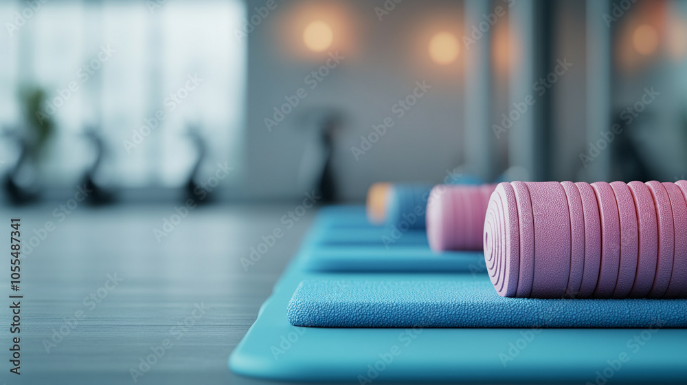 Colorful gym mats and weights arranged neatly in a modern fitness studio. Colorful gym mats and weights arranged neatly in a modern fitness studio.
