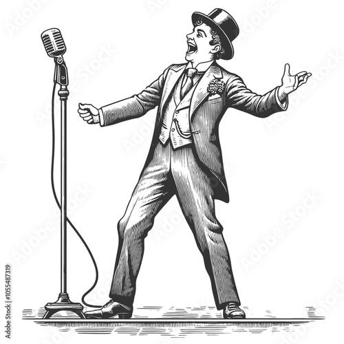 man in a suit performing stand-up comedy on stage, holding a classic microphone next to a stool sketch engraving generative ai vector illustration. Scratch board imitation. Black and white image.