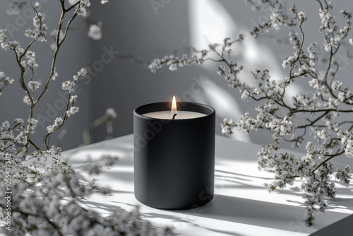 Elegant black candle with a soft flame in a matte jar surrounded by delicate white spring blossoms, creating a serene and minimalist aesthetic for spa, relaxation, and wellness themes photo