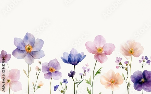 Delicate watercolor columbines in soft pinks and purples, arranged gently on a light gray background, seamless design