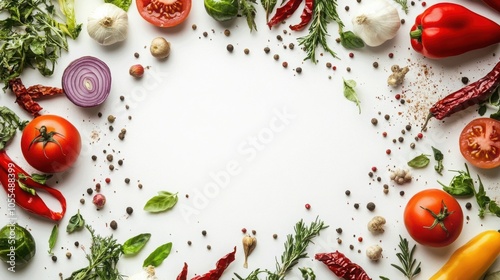 Fototapeta Naklejka Na Ścianę i Meble -  A vibrant assortment of fresh vegetables and spices artfully arranged on a textured white background, leaving a blank space for text, perfect for culinary-themed designs or recipe presentations.