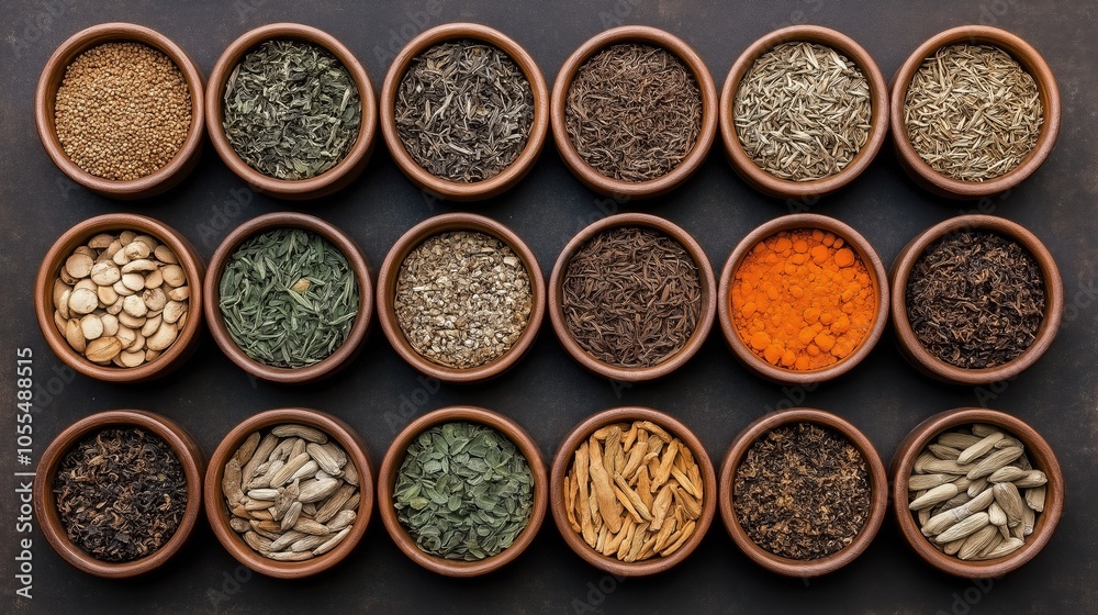 Various spices and herbs in small wooden bowls arranged in a grid on a dark background. The collection includes a range of colors and textures, representing diverse culinary ingredients. Various spices and herbs in small wooden bowls arranged in a grid on a dark background. The collection includes a range of colors and textures, representing diverse culinary ingredients.