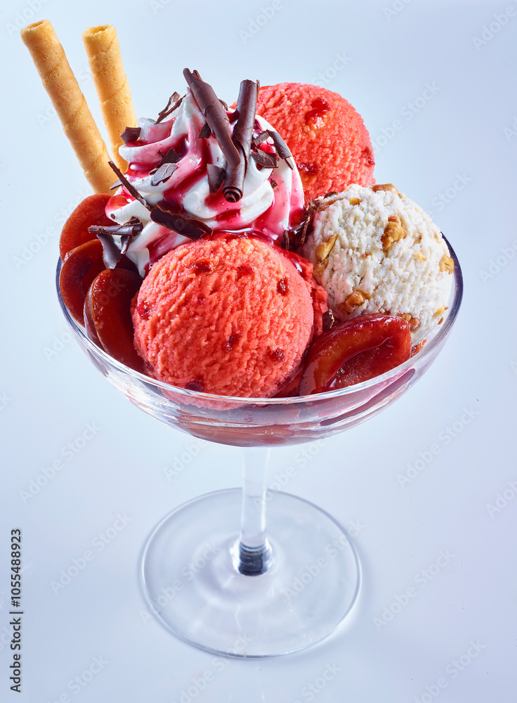 Eisbecher, sahne, kirschragout, Kirscheis, waffeln, Eiskugeln, Stock ...