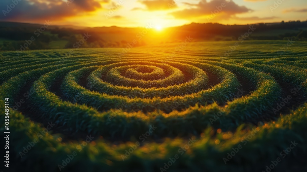 Aerial perspective of innovative regenerative agriculture in circular farming practices at sunset Aerial perspective of innovative regenerative agriculture in circular farming practices at sunset