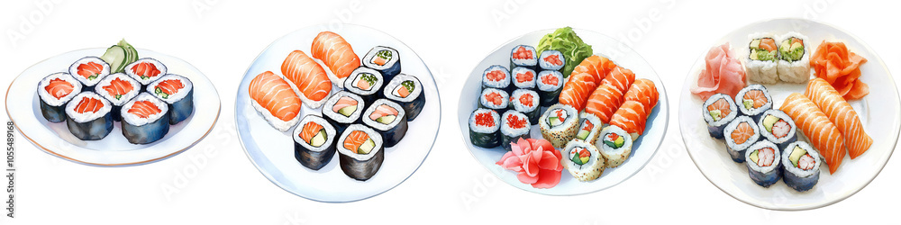 A vibrant assortment of sushi rolls and sashimi on white plates, showcasing a variety of fresh ingredients and colorful presentation. A vibrant assortment of sushi rolls and sashimi on white plates, showcasing a variety of fresh ingredients and colorful presentation.