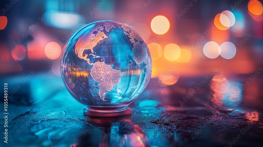 Crystal globe illuminated with colorful lights reflecting the world Crystal globe illuminated with colorful lights reflecting the world