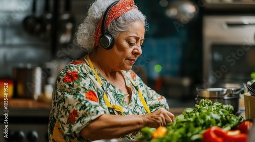 A middle-aged Hispanic woman listens to music while preparing a meal in her home kitchen