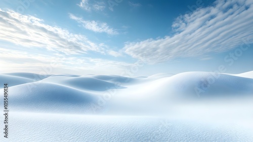 Snow covered hills under a blue sky, bright white snow, clear visibility