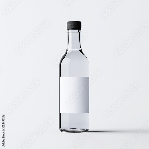 Glass bottle with blank label on white background