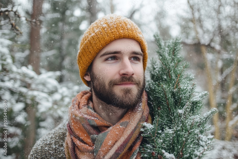 Warmly dressed man holding a small evergreen tree amidst falling snow in a winter forest Warmly dressed man holding a small evergreen tree amidst falling snow in a winter forest