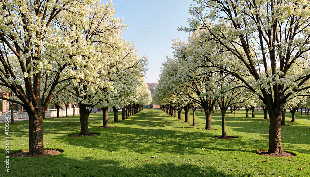 Row of blooming trees in park for Tu BiShvat celebration Row of blooming trees in park for Tu BiShvat celebration