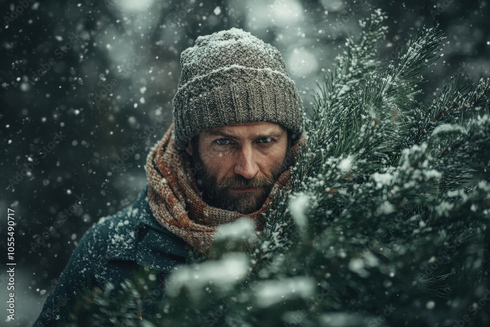 Man carrying a snow-covered Christmas tree in a snowy forest during winter Man carrying a snow-covered Christmas tree in a snowy forest during winter