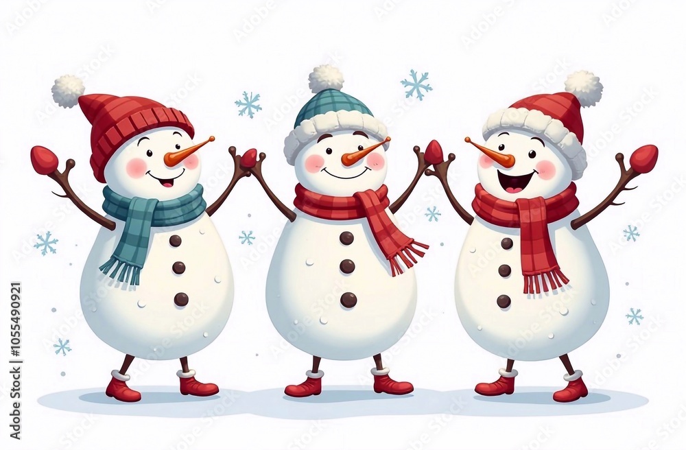 Illustration of dancing snowmen in funny clothes