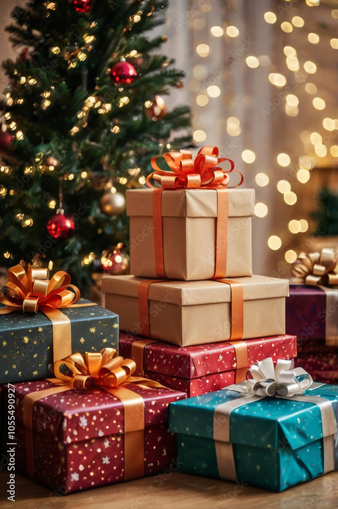 Gifts and presents under the Christmas tree. Boxing day. Vertical festive background Gifts and presents under the Christmas tree. Boxing day. Vertical festive background