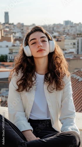 A young adult woman relaxes on a rooftop terrace, immersed in music while wearing headphones