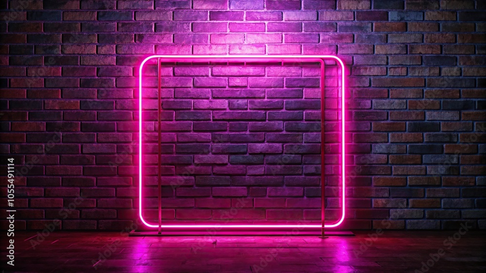 Square stand with glowing pink neon on brick wall background, leading lines Square stand with glowing pink neon on brick wall background, leading lines