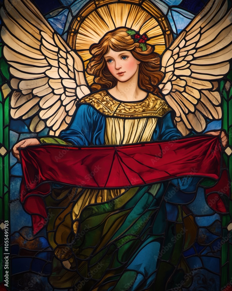 Fototapeta premium Glasmosaik-Engel mit Heiligenschein und rotem Band in Kirchenfenster