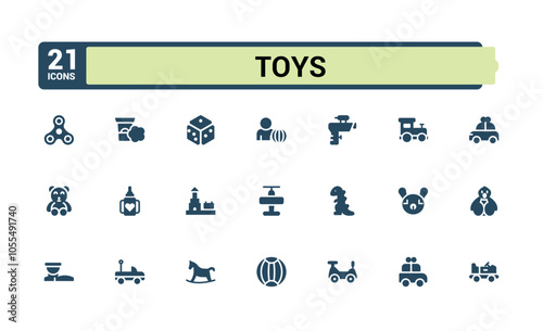 Children Toys icons set in solid style. Includes icons for collection, tricycle, board, pyramid, illustration and more. Filled icon collections. Editable vector illustration.