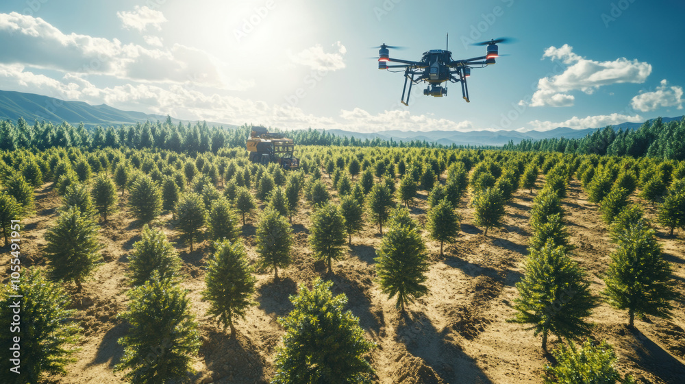 Two drones fly over a lush orchard at sunrise, illustrating modern agricultural practices and precision farming with drone technology.
Two drones fly over a lush orchard at sunrise, illustrating modern agricultural practices and precision farming with drone technology.