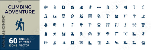 Climbing icons set in solid style. Featuring tourism, climber, climbing, adventure, hiking and more. Set of solid pictogram. Vector filled icons Collection.