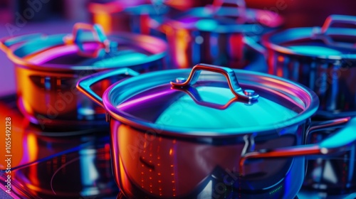 A vibrant image showcasing shiny cooking pots on a stove, reflecting vivid neon lighting in shades of blue and pink, creating a modern and futuristic ambiance.