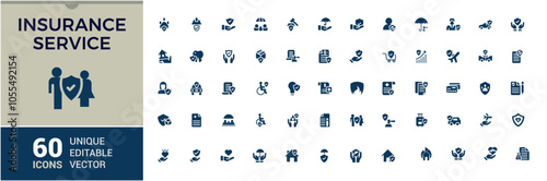Insurance flat solid icon set. Includes icons for insurance, disability, deposit, property, protect, policy, home, business. Minimalist flat filled icon. Vector illustration.