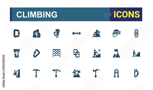 Climbing filled icon collection. Includes flat solid adventure, hiking, climber, tourism, climbing, outdoors, . Minimalistic web and UI icons. Vector illustration.