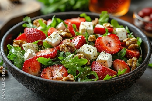 Fresh Strawberry, Feta, Walnut, and Arugula Salad in a Black Bowl