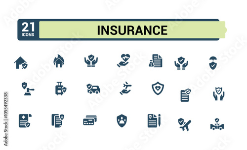 Insurance solid icons set. Related to assurance, home, business, protect, health, disability, deposit, property. Filled symbol collection. Vector illustration.