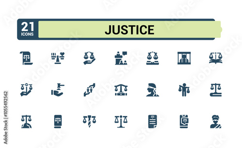 Set of Justice solid icons. Contains such icons as book, right, trial, case, document, judge and more. Minimalist flat filled icon.