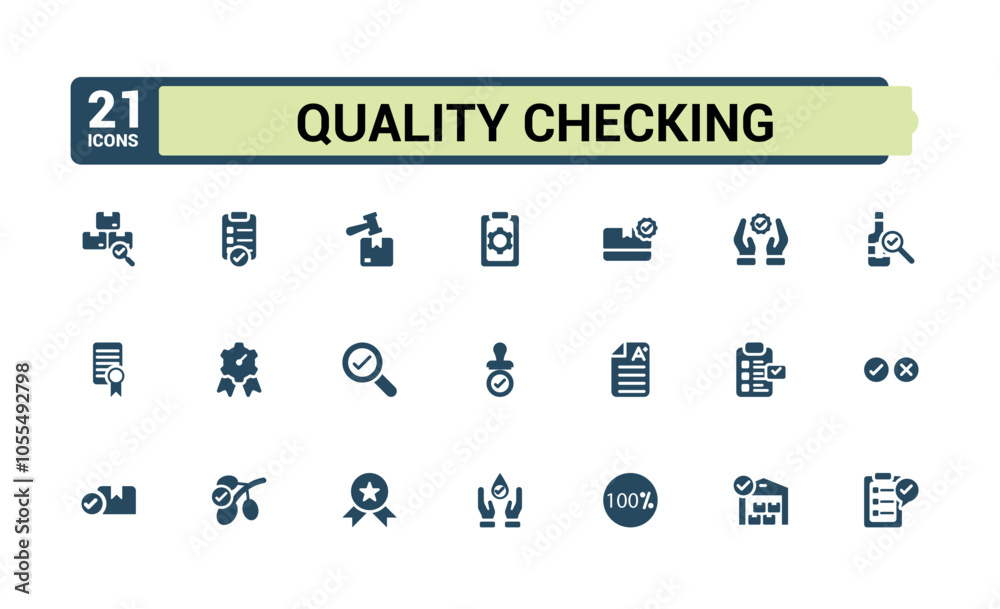 Quality Control solid icons set. Containing verify, specification, emploee, social, control, production and more. Set of filled pictogram. Vector illustration. Quality Control solid icons set. Containing verify, specification, emploee, social, control, production and more. Set of filled pictogram. Vector illustration.