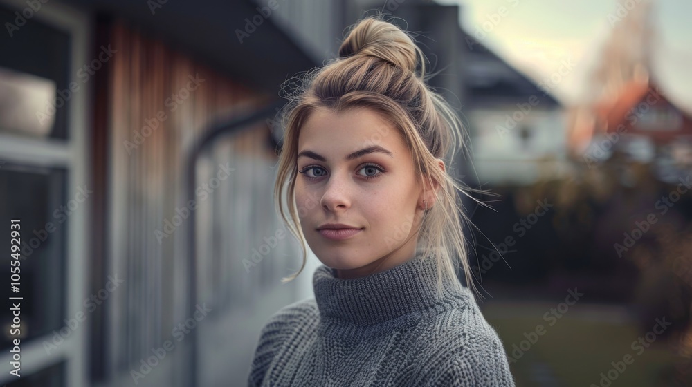 A young woman with blonde hair in a bun stands in an urban area, wearing a gray sweater, with a blurred background of buildings and a serene atmosphere. A young woman with blonde hair in a bun stands in an urban area, wearing a gray sweater, with a blurred background of buildings and a serene atmosphere.