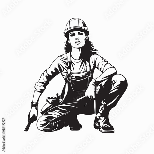 Confident female construction worker wearing a hard hat and safety gear image vector photo