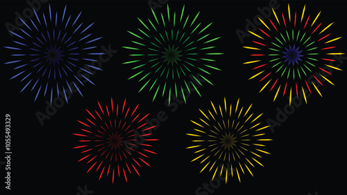 Fireworks at Night. Big set of various fireworks with brightly shining sparks. Colorful pyrotechnics show. Set of firecracker icons for Anniversary, New Year, Birthday, Party, Celebrate, Festival. Fla