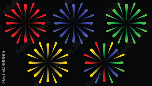 Fireworks at Night. Big set of various fireworks with brightly shining sparks. Colorful pyrotechnics show. Set of firecracker icons for Anniversary, New Year, Birthday, Party, Celebrate, Festival. Fla